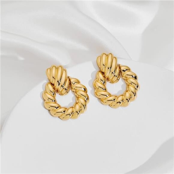 Gold Textured Hoop Drop Earrings | Twist Door Knocker Vintage Style - Picture 2 of 5